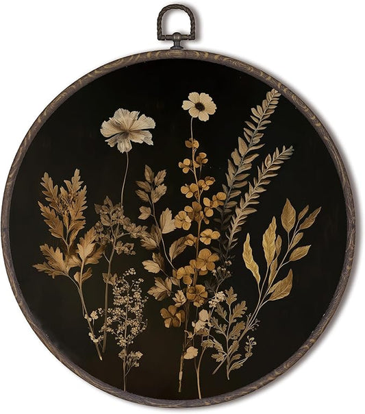 XNXLDYLH Vintage Black Dark Cottagecore Round Framed Wall Art Decor, Rustic Floral Hanging Wall Decor Decorations, Botanical Canvas Prints Wall Art Pictures Paintings for Farmhouse, 10x10 Inches