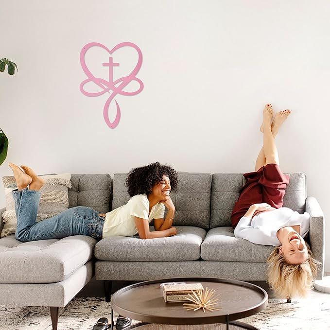 Metal Infinity Heart Cross Wall Decor, Unique Cross Decorative Wall Art, Heart And Love Sign Wall Plaques, Love Gift For Adult Home Wedding Decor Room Bedroom Living Room Decoration（Pink)