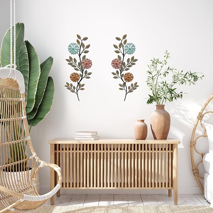 MorningRo 2 Pcs Metal Flower Leaves Wall Art, 15.75 Inch Spring Wall Decor, Vintage Leaf Wall Hanging, Rustic Wall Decor for Holiday Indoor Outdoor