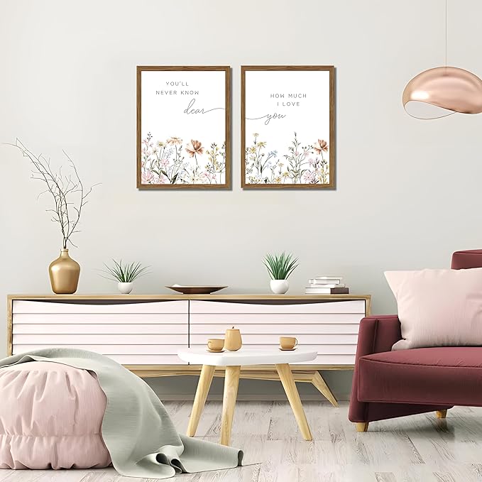 Wood Framed Wildflower Nursery Wall Art Set of 2, Boho Flower Botanical Wall Decor Paintings, Baby Girl Nurseries Pictures Posters Prints for Nursery Baby Room Bedroom Home Decoration 16x24 Inch