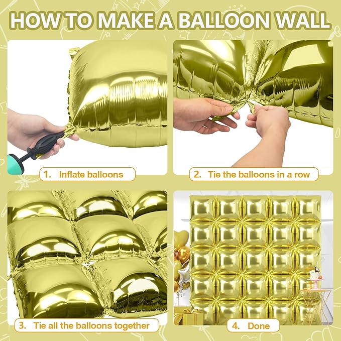 NISOCY 25PCS Light Gold Square Foil Balloons Wall Backdrop Metallic Double Sided Light Gold Christmas Balloons Tunnel Arch Kit for New Year Birthday Anniversary Wedding Graduation Party Decorations