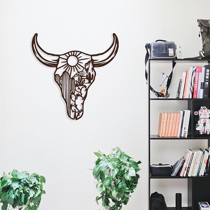 RESACO Cow Skull Metal Wall Art Western Wall Decor Western Bathroom Decorations Southwestern Decor Desert Wall Sculptures for Living Room Bedroom Indoor Outdoor (13in x 13in brown)