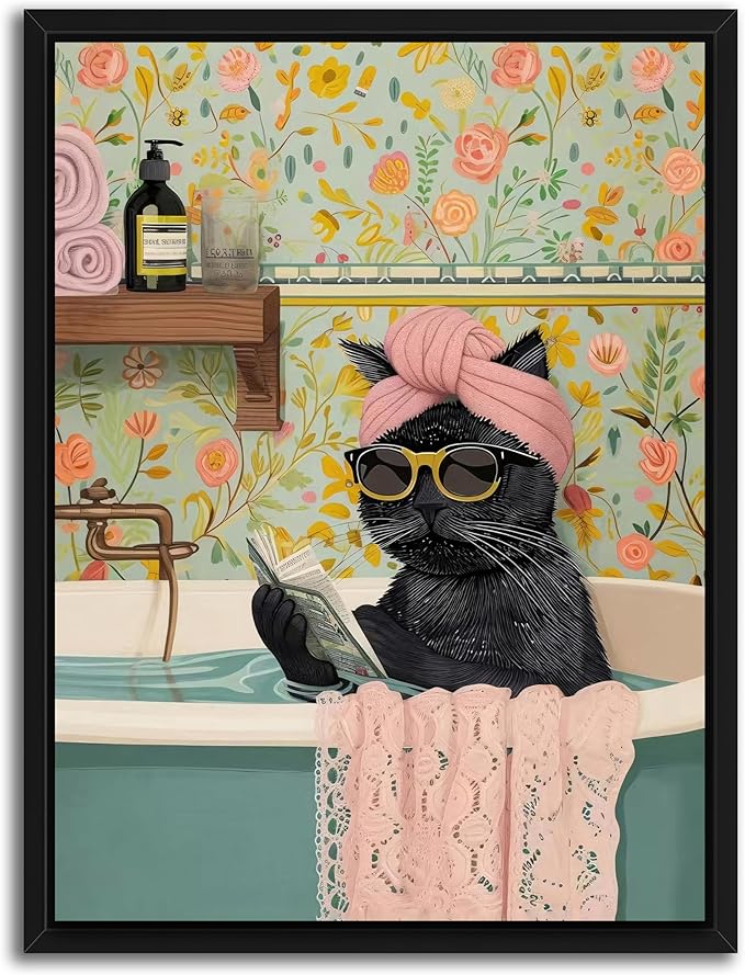 Floating Framed Bathroom Cat Canvas Wall Art, Funny Black Cat Reading Wall Decor, Cute Animal Prints Pictures Posters for Living Room Bedroom Toilet Kids Room Paintings 16x24 inch
