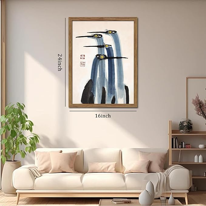 Framed Vintage Canvas Wall Art, Elegant Ink Cranes Painting, Antique Watercolor Prints, Classic Chinese Style Bird Artwork, Farmhouse Wall Decor for Living Room Study Office – 16x24 inch