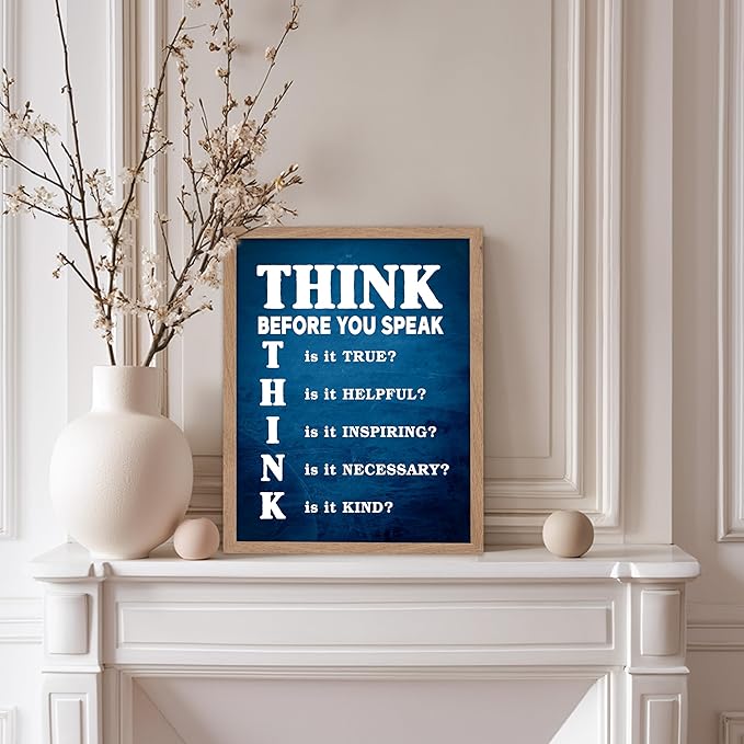 Poster Master Think Poster - Think Before You Speak Print - Educational Art - Teaching Art - Gift for Student, Teacher - Perfect Wall Decor for Classroom, Library, Dorm, 11x14 Beige Framed