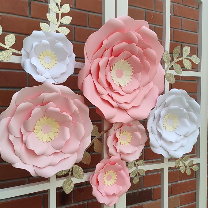 Blush Pink White 3D Paper Flower with Leaf for Nursery Wall Decorations Girl Baby Shower Nursery Decor Birthday Decorations 14 inch-6 inch Pack of 6
