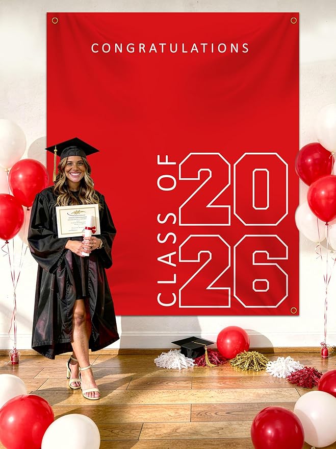 Class of 2026 Graduation Banner 5X6feet - Large CONGRATS GRAD Polyester Banner, Photo Backdrop & Wall Decor for Commencement Party Supplies, Red and White Graduation Party Decorations for High School & College