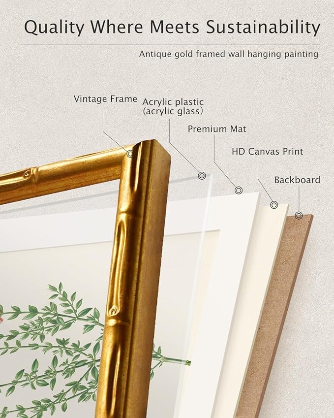 VIYYIEA Bamboo Detail Design Gold Framed Wall Art Bedroom Decor, Vintage Canvas Wall Art Prints for Living Room, Hummingbirds Artwork, Animal Painting Picture Print, Home Decor Aesthetic 11 x 14inch