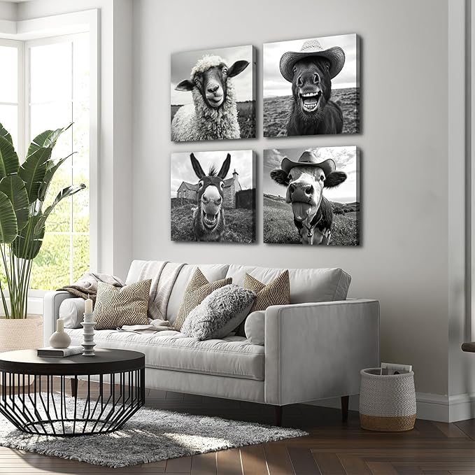 Farmhouse Cow Canvas Wall Art Humor Animals Pictures Sheep Donkey Horse Wall Decor Black and White Prints Artwork 20x20”, Nature Farm Animal with Cowboy Hat Posters Paintings Cabin Home Decorations