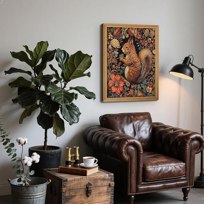 Framed Vintage Squirrel Wall Art, 3D Textured Squirrel Among Flowers Painting Art, Hand Drawn Sandstone Botanical Floral Pictures, Modern Farmhouse Wall Decor for Living Room Bedroom 12x16 inch