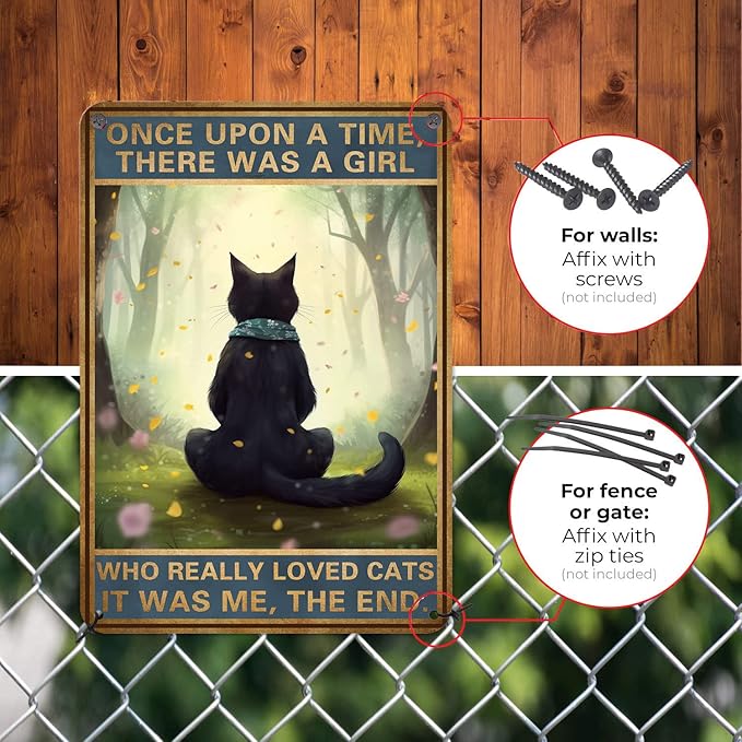 HYBLOM Black Cat Decor - Once Upon a Time Sign - Vintage Cat Decor for Home, Bedroom, Kitchen, Office, Cafe, Bar, Cat Lover Gifts, Metal Tin Sign 12x8 Inches