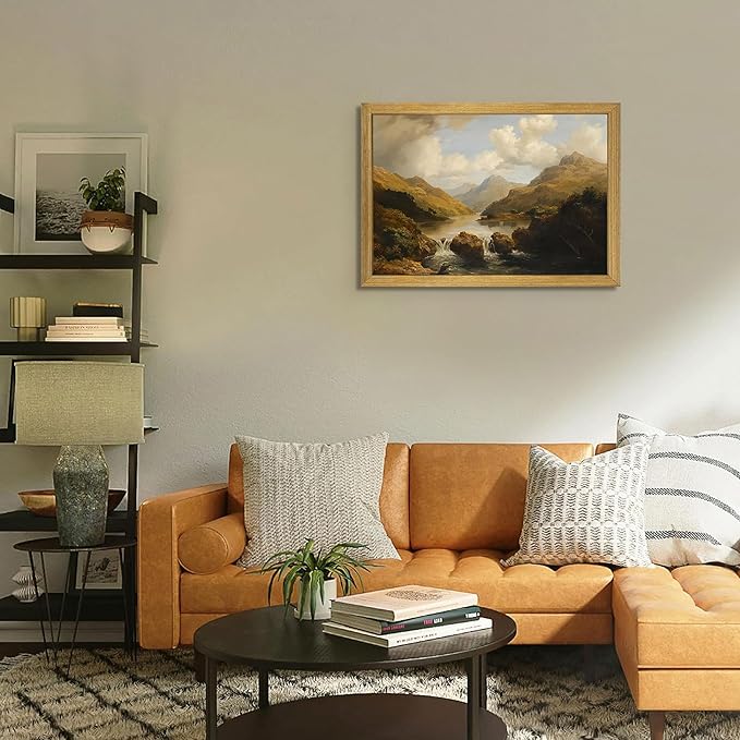 Framed Vintage Landscape Wall Art Home Decor, Retro Mountain Vintage Painting Prints, Countryside Farmhouse Landscape Wall Decor, Canvas Wall Art for Living Room Bedroom Home Bathroom Decor 12x16 Inch