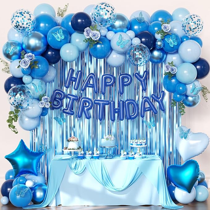 Navy Blue Birthday Decorations for Men Boys, Navy Blue Macaron Light Metallic Blue Confetti Balloons Happy Birthday Banner Butterfly Fringe Curtains for 21st 25th 30th Birthday Decorations