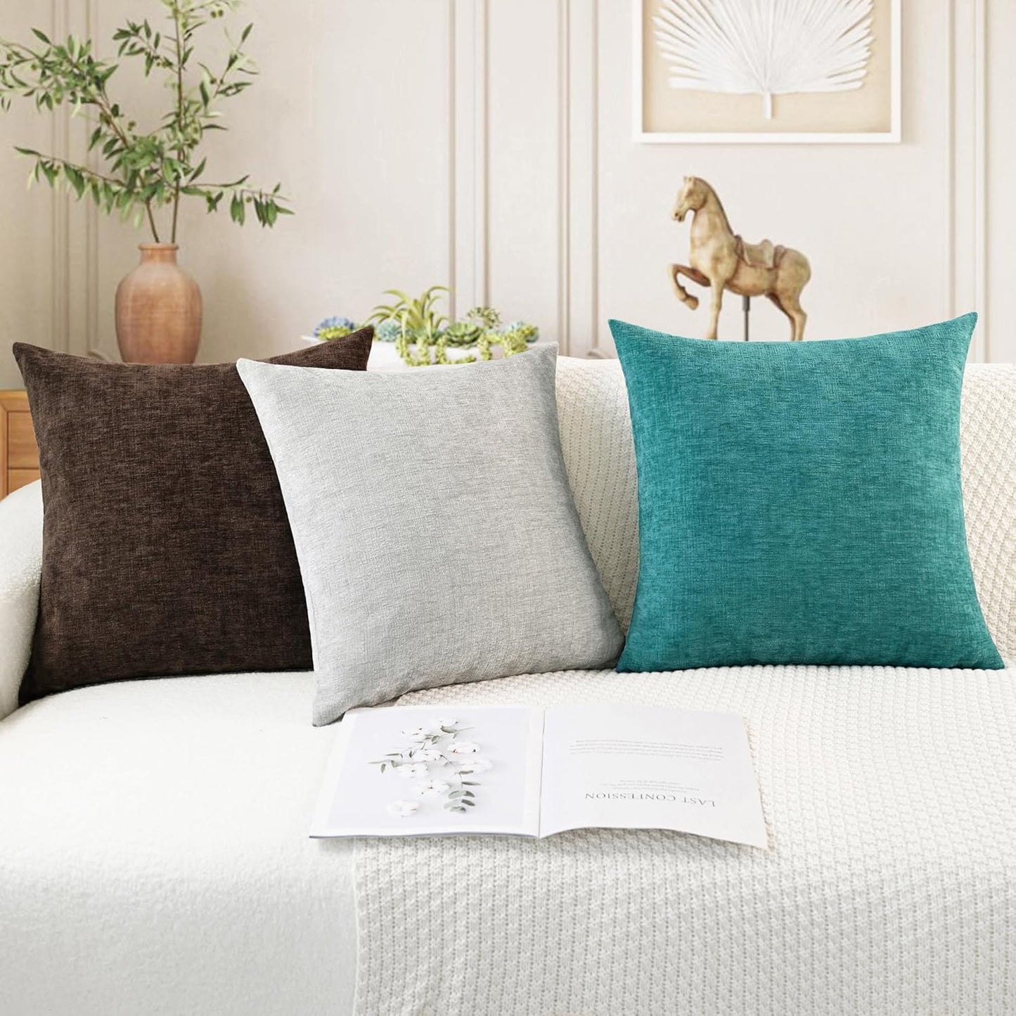 CaliTime Throw Pillow Covers Decorative 16 X 16 Inches Pack of 2 Cozy Chenille Cushion Cases for Couch Sofa Bed Living Room Home Coffee