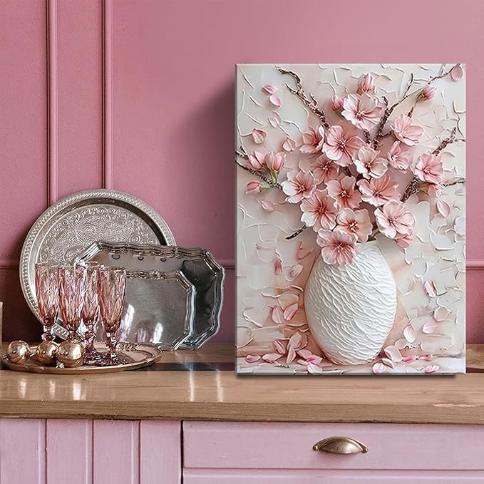 Pink Floral Canvas Wall Art sakura Flowers Botanical painting Decor Pictures Cherry blossoms Posters Prints for Living Room Classroom Bedroom office corridor bathroom Decoration
