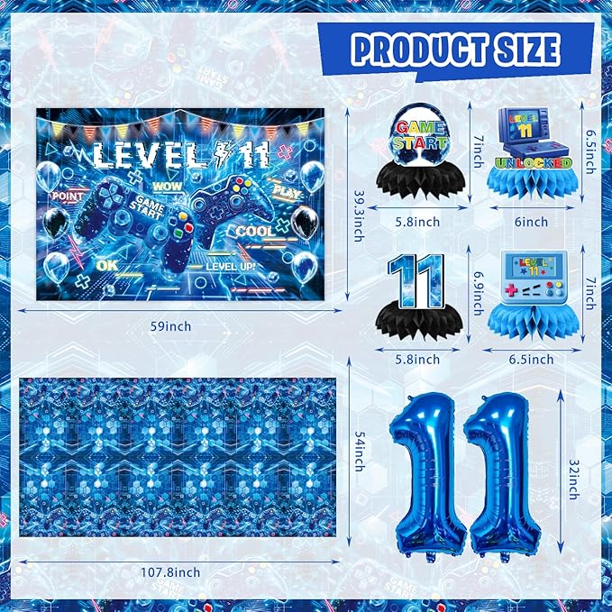 Mpanwen Gamer 11th Birthday Decorations for Boys, Blue Video Game Level 11 Bday Party Decor Supplies for 11 Years Old Boy with Backdrop, Tablecloth, Centerpiece, Hanging Swirls, Hat, Wall Signs