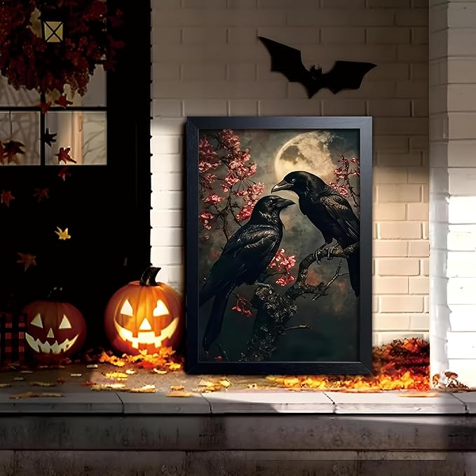 Vintage Framed Wall Art, Forest Gothic Decor, Dark Academia Celestial Moon Canvas Prints, Black Crow Cherry Blossom Painting Wall Decor for Living Room Bedroom – Black Wooden Frame 16x24 Inch