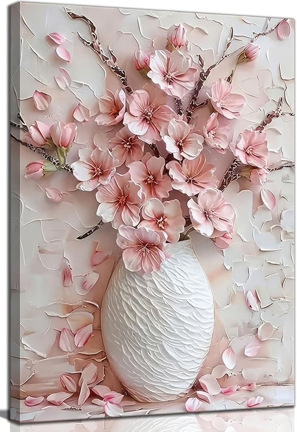 Pink Floral Canvas Wall Art sakura Flowers Botanical painting Decor Pictures Cherry blossoms Posters Prints for Living Room Classroom Bedroom office corridor bathroom Decoration