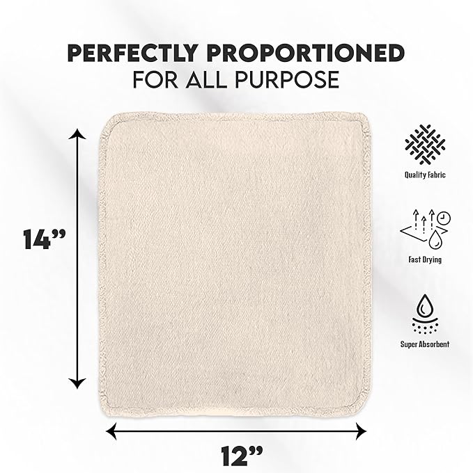 Cotton Shop Towel – Multipurpose Cleaning Cloths (14" x 12" - Pack of 100 - White) Reusable Shop Rags for Automobiles, Industrial, Restaurants, Garage, and Homes