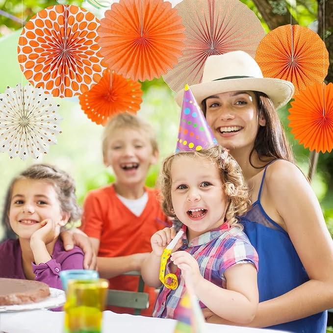 Easy Joy Paper Fans Party Decorations Orange Hanging Paper Fans Sunshine Party Decorations Birthday Wedding Home Classroom Party Hanging Decoration, Set of 7