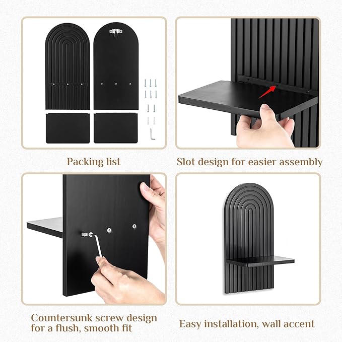 Black Boho Candle Sconces Decor: Set of 2 Wood Mid-Century Wall Candle Holder for Hallway Fireplace Bedroom - Arch Wall Shelf for Plants Pillars Candles