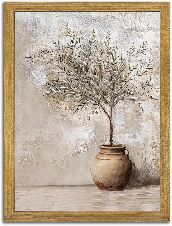 Vintage Olive Tree Canvas Wall Art, Farmhouse Aesthetic Oil Painting, Rustic Potted Plant Wall Decor, Neutral Botanical Print Artwork Picture for Living Room Kitchen Home Decor 8x10 Inch Framed