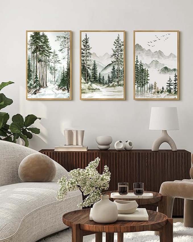 Drsoum Green Tree Forest Mountain Framed Wall Art Nature Landscape Prints Morden Wilderness Artwork Hallway Bedroom Ready to Hang 16x24in Natural Framed