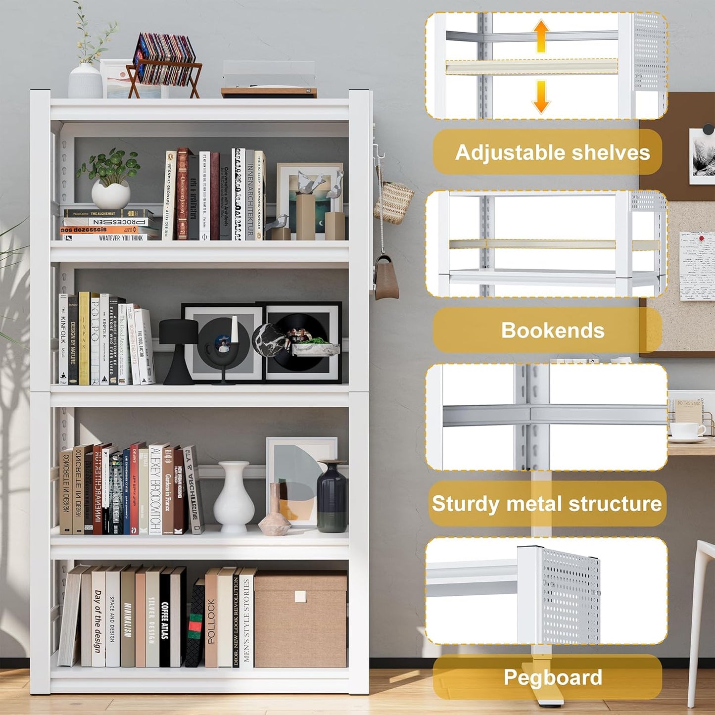 Book Shelf, 5 Tier Bookshelf, Industrial Bookcase Modern Bookshelves for Book/CD/Movie, Metal Shelving Unit for Living Room Home Office Kitchen, White