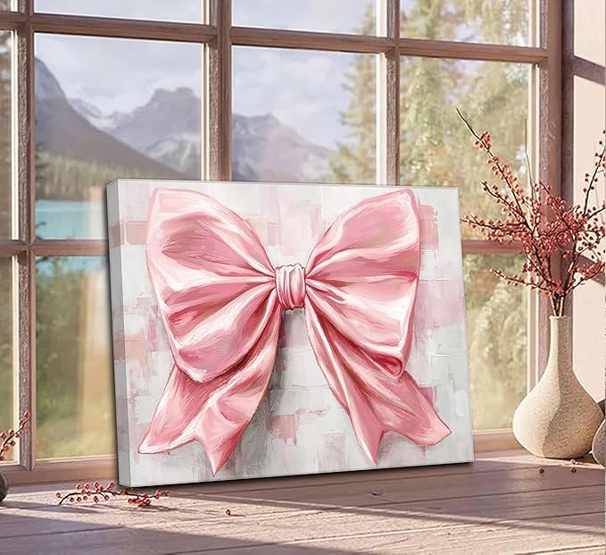 Pink Bow Canvas Wall Art Trendy Cute Preppy Watercolor Bow Painting Pictures Wall Decor Posters Prints Girly Aesthetic for College Apartment Bedroom Decoration