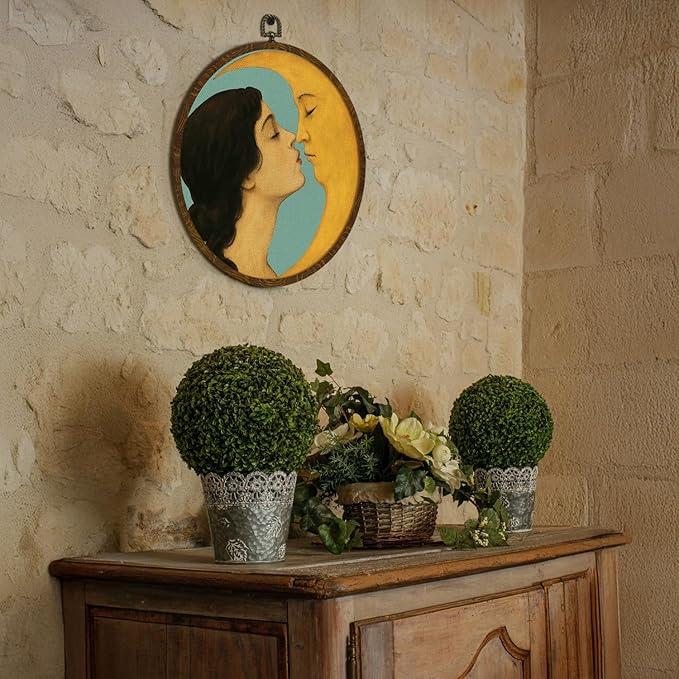 Retro Celestial Decor,Romantic Moon and Young Girl Round Wall Art,Vintage-Inspired Celestial Canvas Print, Surreal Moon and Woman Hanging Decor for Bedroom, Gallery Wall, or Dreamy Space 10''x10''(Green)