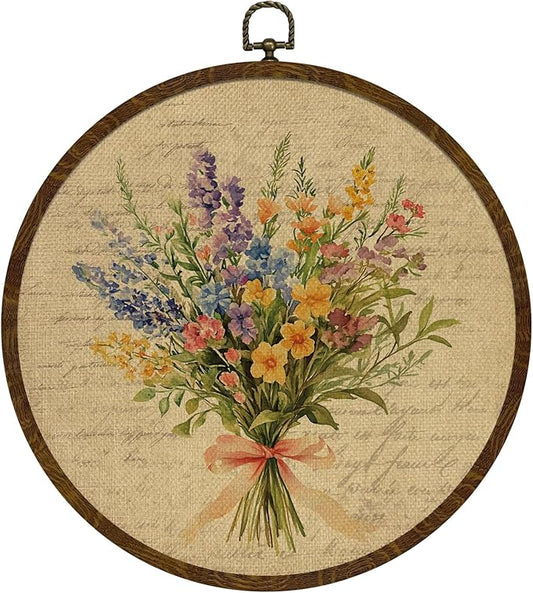 Vintage Floral Round Wall Art Decor,Retro Flower Wall Art Decoration, Watercolor Wildflower Botanical Canvas Print with Frame,Farmhouse Decor for Bedroom Living Room Gallery Space10"x10" (Letter Flowers-01)