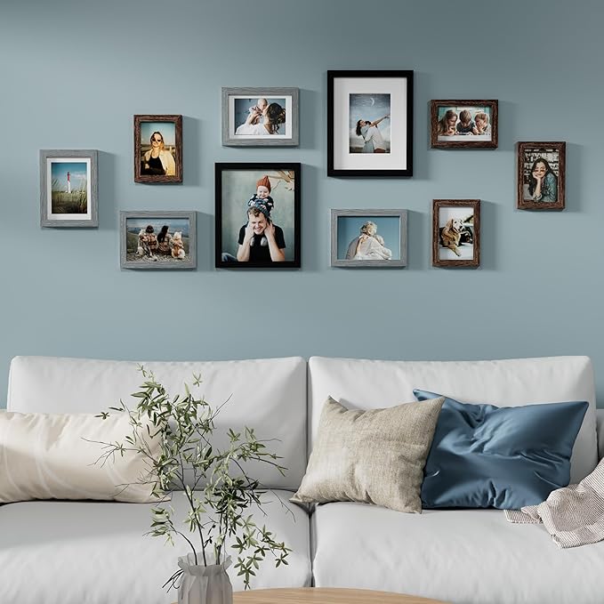 Vittanly Picture Frames Set of 10, Picture Frames Collage Wall Decor with Two 8x10, Four 5x7, and Four 4x6 Photo Frames, Gallery Wall Frame Set for Wall or Tabletop Display, Black&Brown&Grey