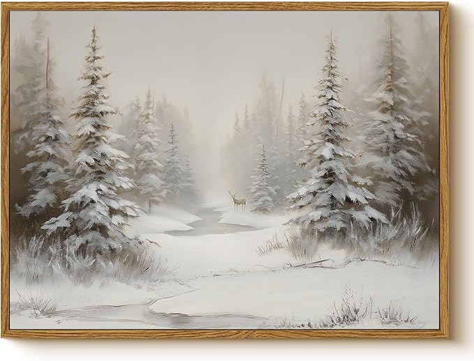 Vintage Snowy Pine Forest with Deer Wall Art 12x16 Framed Canvas Print, Winter Landscape Painting Rustic Neutral Nature Woodland Artwork, Living Room Bedroom Farmhouse Christmas Holiday Decor