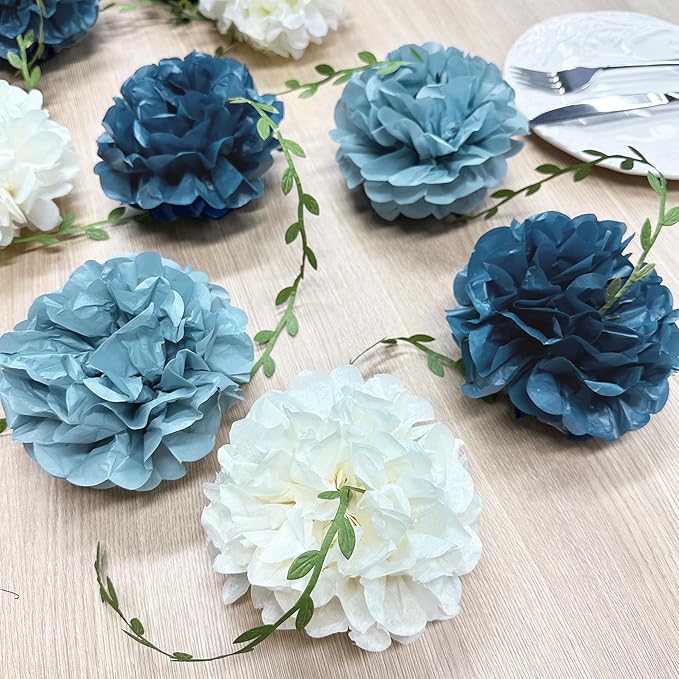 Dusty Blue Party Decorations Dusty Navy Blue Beige Tissue Paper Flowers Pom Pom with Leaf Ribbon Hanging Garland Streamer for Birthday Baby Shower Wedding Graduation Retirement Nautical Party Supplies