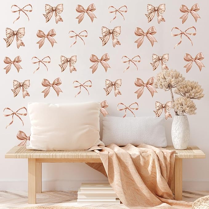 Whaline 12 Sheets Boho Bow Wall Stickers Watercolor Brown Bowknot Wall Decals Room Mural Stickers for Coquette Birthday Party Home Nursery Decor, 7.9 x 11.8 Inch