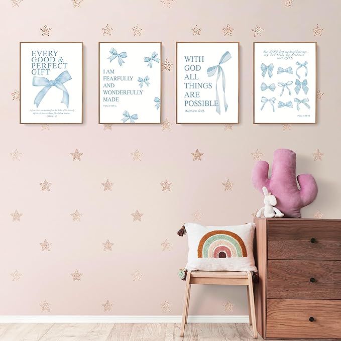 LARTSFRO Coquette Blue Bow Wall Art Decor Posters, Baby Blue Bow Room Bedroom Bathroom Dorm Wall Art Decor Aesthetic for College Teen Girls Gifts, Inspirational Bible Verses Bow Wall Decor, 12x16 Inch Set of 4 Pcs Bow Pictures (UNFRAMED)