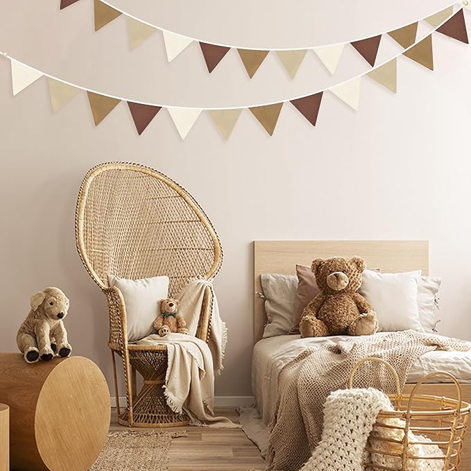 2 Sets of Gradient Brown Nursery Garland 24Pcs Brown Pennant Banner Flags Boho Fabric Triangle Streamers for Kids Jungle Woodland Birthday Baby Shower Teddy Bear Party Decorations Baby Room Decor