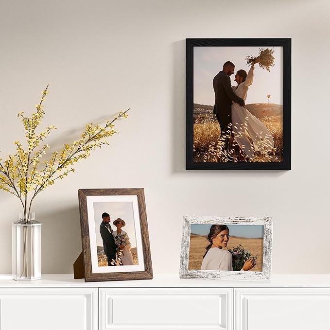Vittanly 12 Pack Picture Frames Collage Wall Decor for Mounting or Tabletop Display, Multi Sizes Including 4pcs 8x10, 4pcs 5x7, 4pcs 4x6, Black, Brown and Distressed White