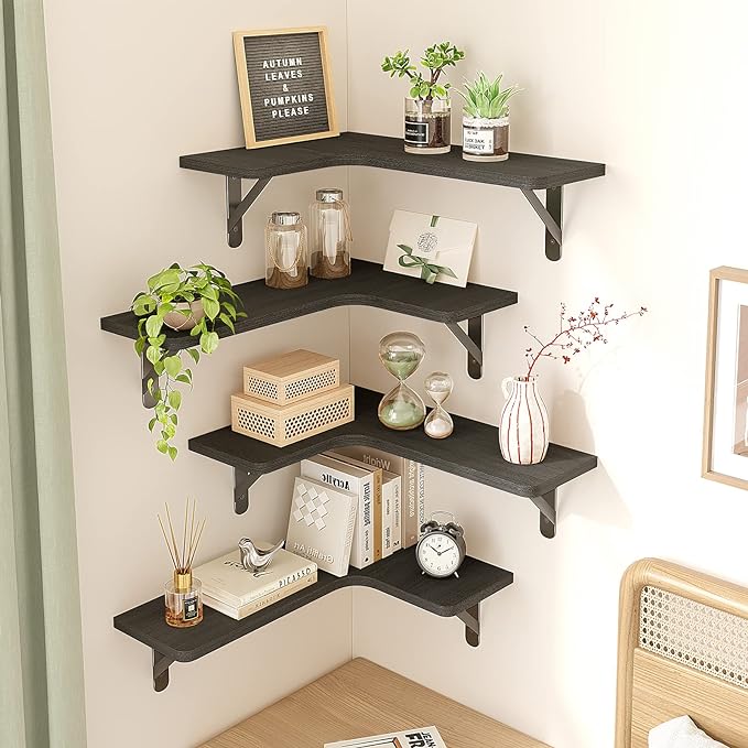 Fixwal Floating Shelves for Wall, Rustic Wood Wall Mounted Corner Shelf for Bathroom, Kitchen, Bedroom, Home Decor, Laundry Room, Living Room, Set of 5 (Black)