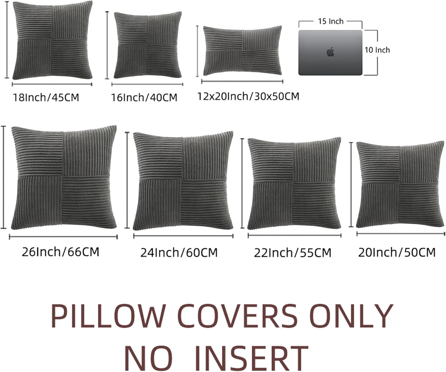Fancy Homi 2 Packs Dark Gray Samll Decorative Throw Pillow Covers 12x12 Inch with for Couch Bed Sofa, Rustic Farmhouse Boho Home Decor, Soft Corss Patchwork Corduroy Square Cushion Case 30x30 cm