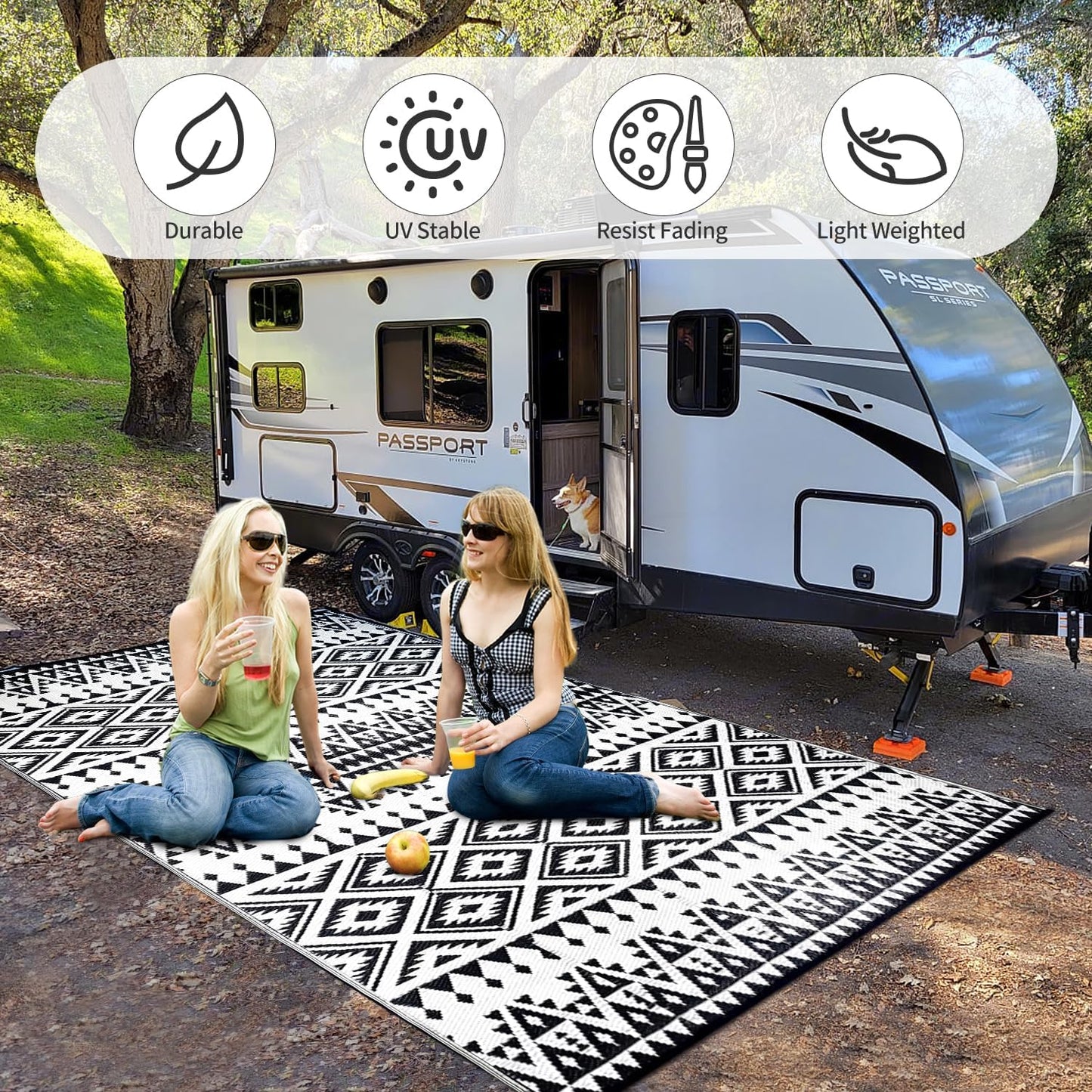 Waterproof Outdoor Rug 6x9ft, Bohemia Reversible Plastic Straw Mat for Patio RV Deck Porch Backyard Balcony Camping Picnic Beach Indoor Outdoor Carpet, Black&White