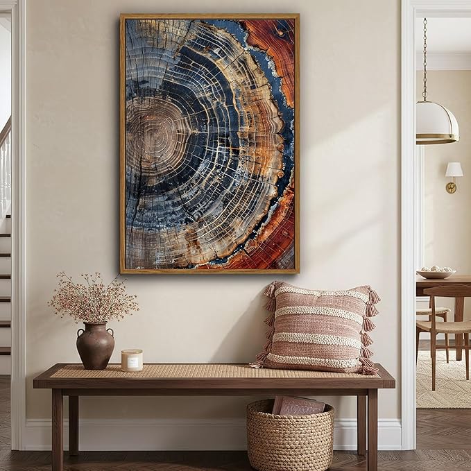 IBHJSART Framed Tree Ring Canvas Wall Art Vintage Colorful Wood Stump Painting Prints Modern Minimalist Pictures Neutral Nature Rustic Farmhouse Decor Living Room Bedroom Bathroom Office