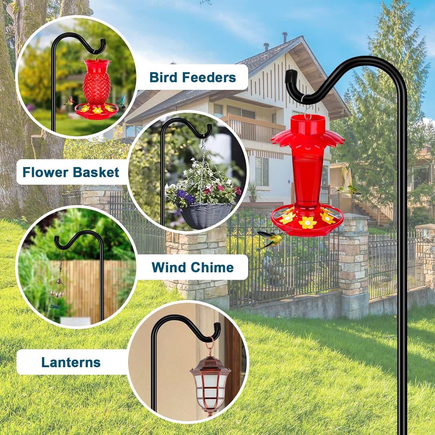 Gtongoko 92 Inch 2 Pack Bird Feeder Poles for Outdoors Heavy Duty, Shepherds Hooks for Outdoor, Hummingbird Feeder Stand, Adjustable Hanger for Plant, Lights, Lanterns Wedding Decor with 7 Prongs Base