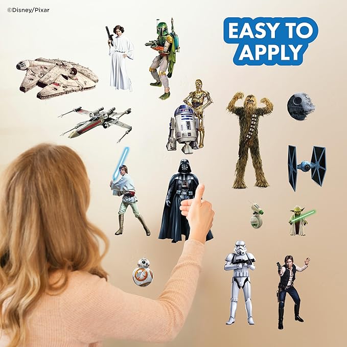 Star Wars Wall Decals - Set of 17 Removable Vinyl Stickers for Kids Bedroom Playroom Bathroom - Peel and Stick Room Décor