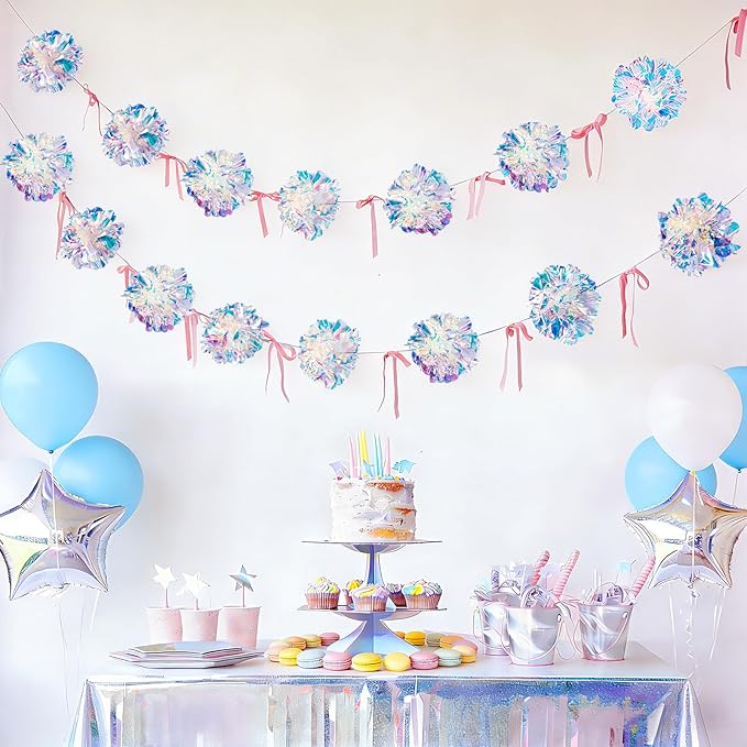 Iridescent Party Decorations, Iridescent Pompom Garland with Pink Bow Banner 2 Piece, Shimmering Mantel Garland for Birthdays, Weedings, Girls Party Decorations