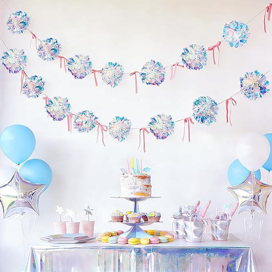 Iridescent Party Decorations, Iridescent Pompom Garland with Pink Bow Banner 2 Piece, Shimmering Mantel Garland for Birthdays, Weedings, Girls Party Decorations