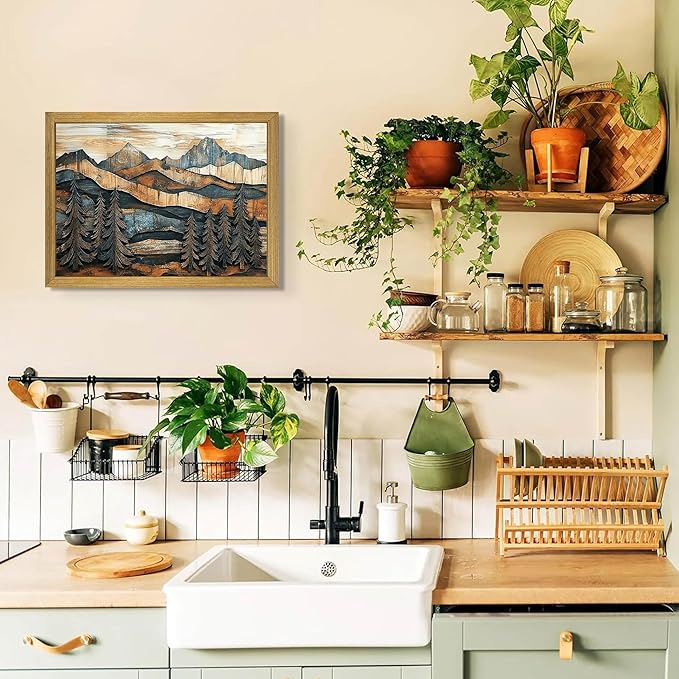 Vintage Boho Mountain Wall Art, Framed Landscape Canvas Wall Art, Nature Forest Wall Decor, Rustic Farmhouse Print Poster Painting for Living Room Bedroom Dining Room 16x24 Inch