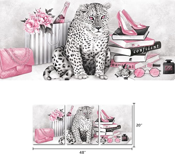 Visual Art Decor Pink Wall Decor Glam Fashion Room Decor Leopard Cheetah Decor Painting Bedroom Wall Decor for Women Framed Canvas Prints Ready to Hang 16inx20inx3Pieces