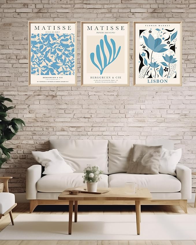 KensTro Framed Wall Art,Matisse Wood Canvas Blue Wall Art,12"x16" Cotton Pattern Vintage Poster Wall Decor Aesthetic for Living Room Bedroom,12x16in Henri Matisse Minimalist Wood Frame Prints,Set of 3