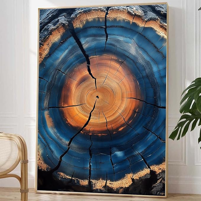 IBHJSART Framed Tree Ring Canvas Wall Art Blue Wall Art Wood Stump Painting Prints Modern Minimalist Pictures Neutral Nature Rustic Farmhouse Decor Living Room Bedroom Bathroom Office